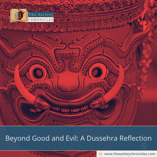 Dussehra reflection – symbolic Ravana mask in red tones representing inner demons and the blurred lines between good and evil – The Aartery Chronicles