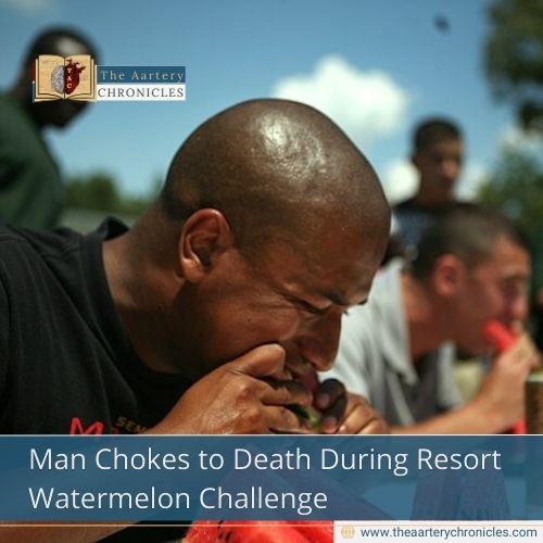 Watermelon-eating contest death, watermelon, contest, choking, resort, Watermelon Mouth, father of four, physical asphyxiation, airway obstruction, emergency response, medical preparedness, food-related competitions, on-site medical staff, delayed emergency response, Heimlich manoeuvre, first aid, CPR, firefighters, emergency care unit, suspicious death, sudden illness, public events, safety measures, rapid eating, airway blockage, aspiration, cardiac stress, trained medical staff